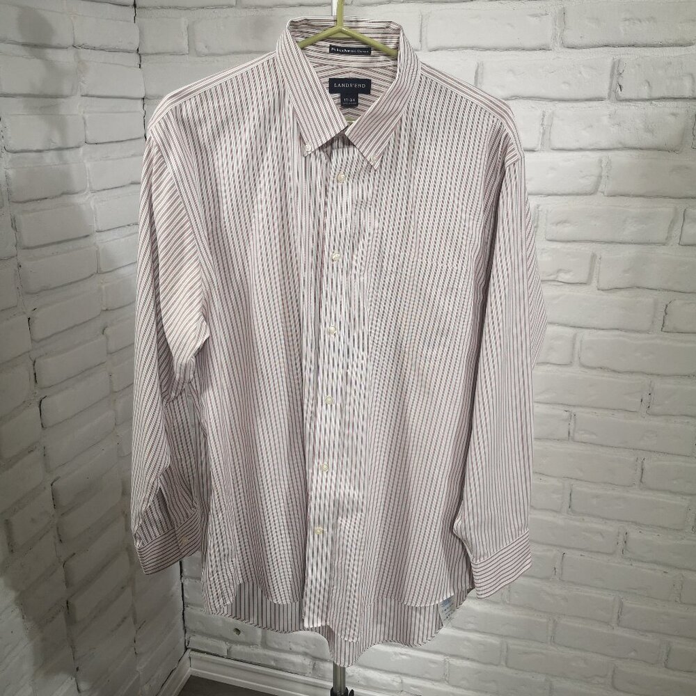 Lands' End Men's Size 17 Burgundy White & Black Stripes No Iron Pinpoint Shirt